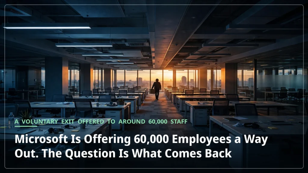A lone employee walks through a mostly empty office at dusk carrying a box, toward warm window light