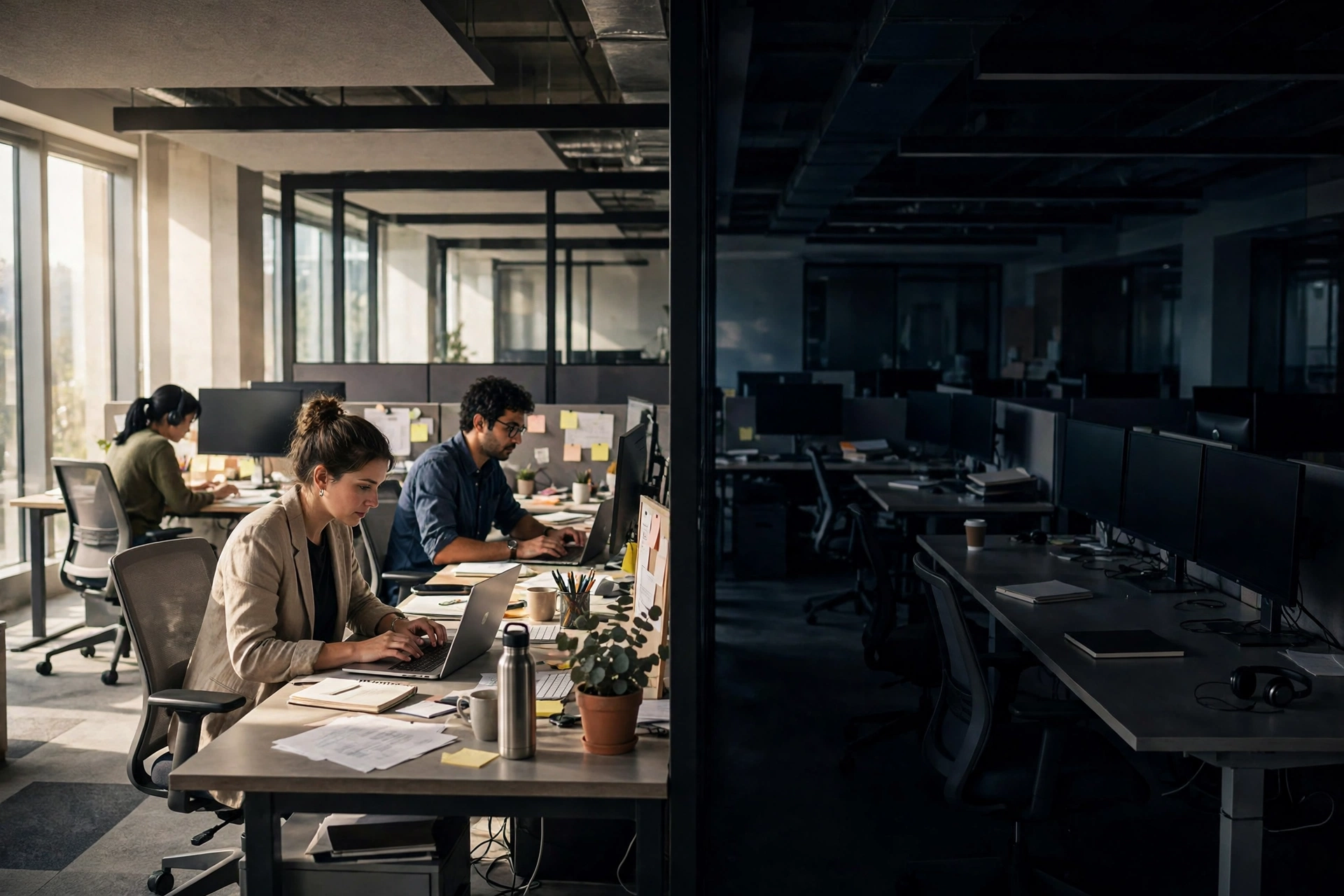 One side of an office brightly lit with people working, the other side dark and empty