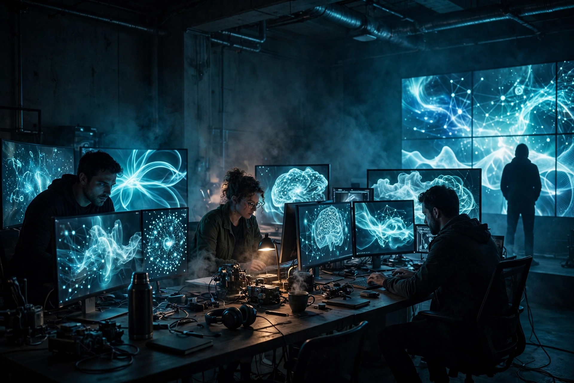 A small team works surrounded by large glowing screens showing AI interfaces