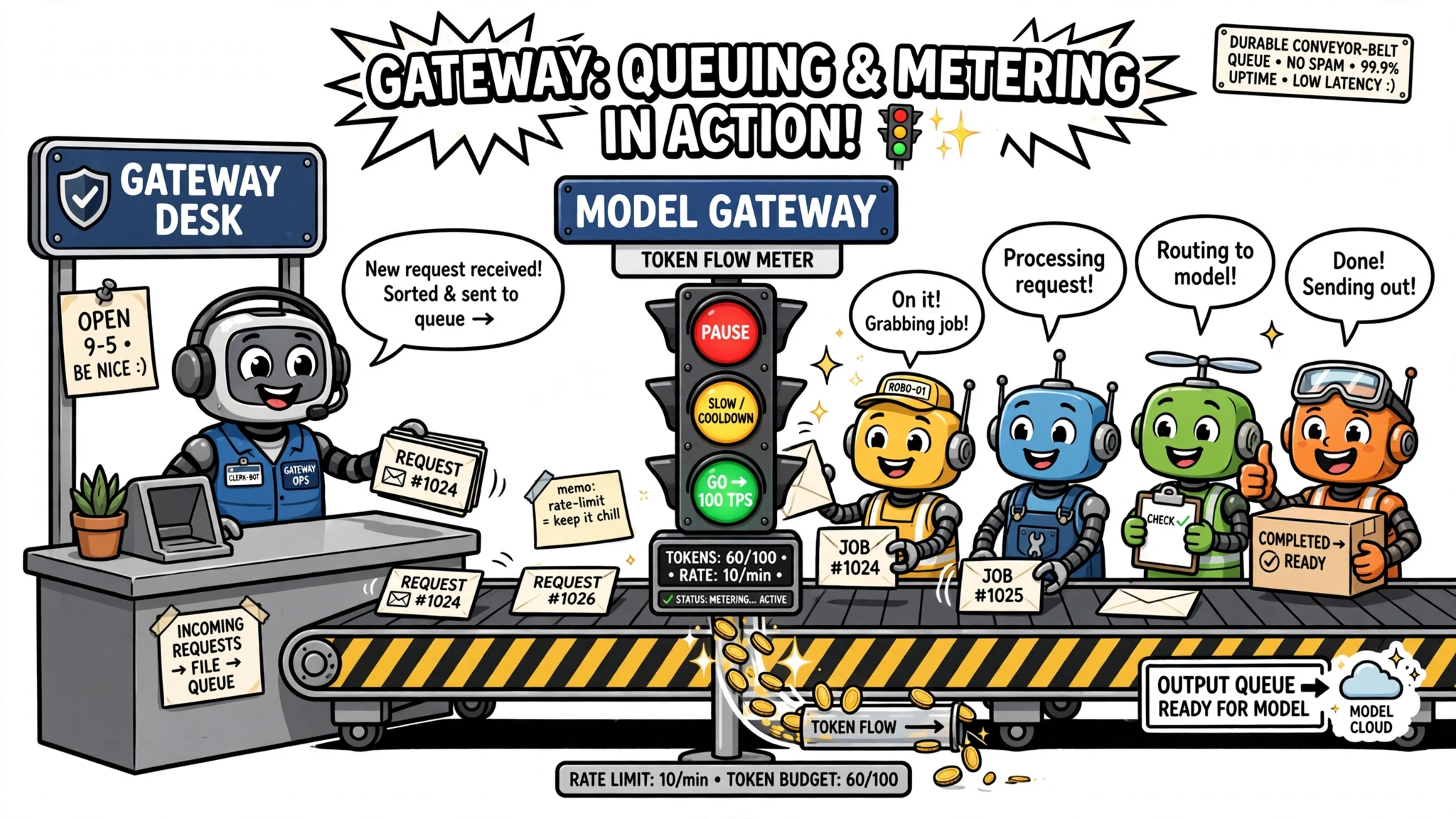 Cartoon gateway desk robot sorting incoming requests onto a conveyor-belt queue while worker robots pull jobs and a model gateway traffic light meters token flow.