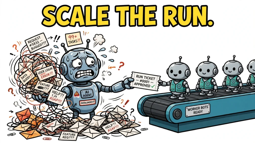 Cartoon AI agent robot overwhelmed by tangled request envelopes handing one neat approved run ticket to a conveyor belt of smiling worker robots, under the headline SCALE THE RUN.