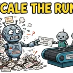 Cartoon AI agent robot overwhelmed by tangled request envelopes handing one neat approved run ticket to a conveyor belt of smiling worker robots, under the headline SCALE THE RUN.