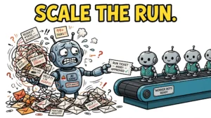 Cartoon AI agent robot overwhelmed by tangled request envelopes handing one neat approved run ticket to a conveyor belt of smiling worker robots, under the headline SCALE THE RUN.
