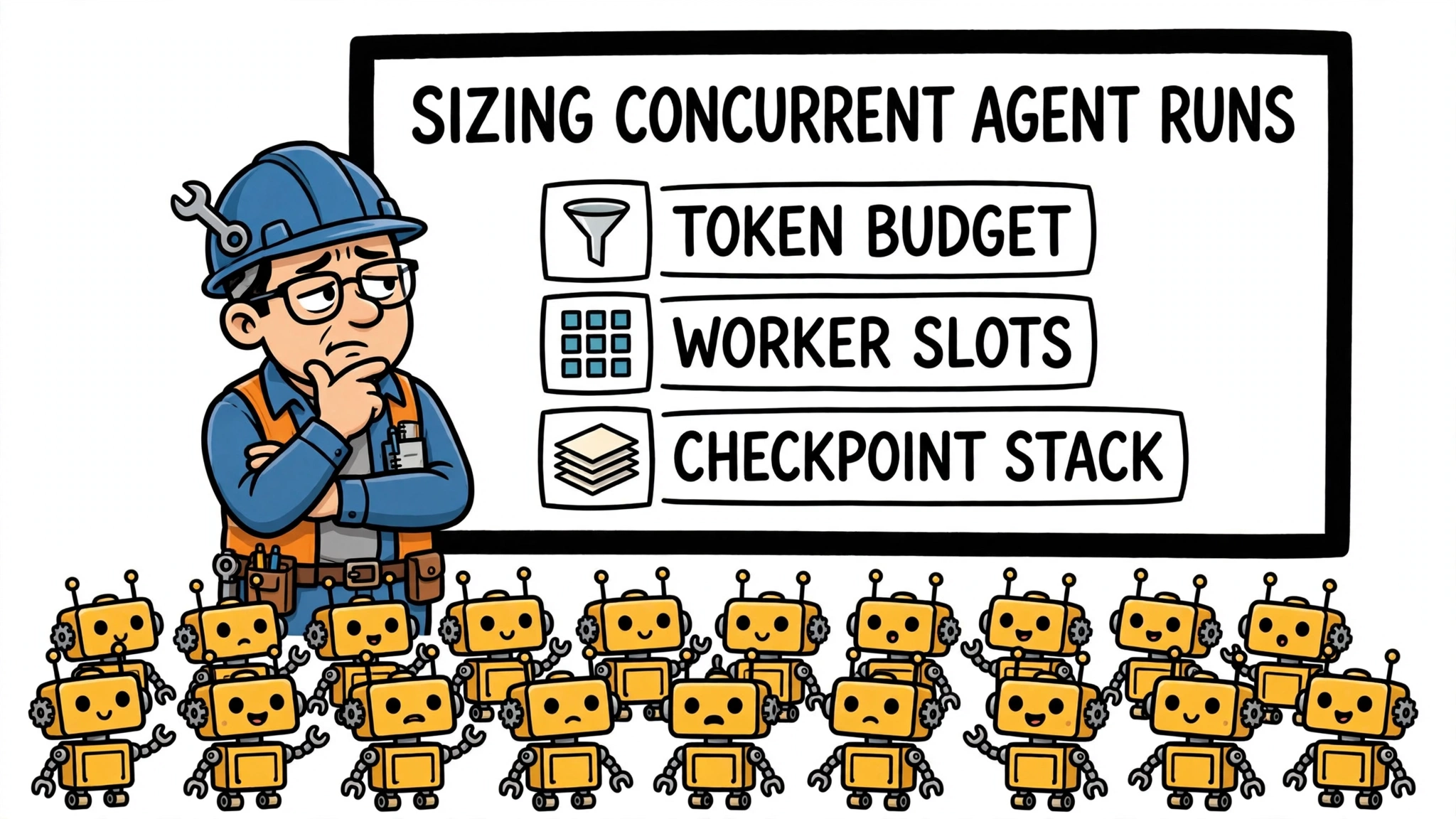 Cartoon engineer beside a whiteboard listing token budget, worker slots and checkpoint stack, with a crowd of small worker robots below.