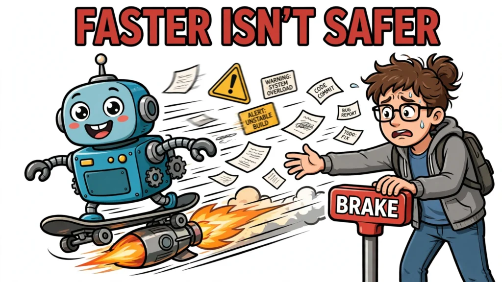 Cartoon robot speeding on a rocket skateboard past warning signs while a worried developer reaches for a brake lever, headline Faster isn't safer
