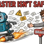 Cartoon robot speeding on a rocket skateboard past warning signs while a worried developer reaches for a brake lever, headline Faster isn't safer
