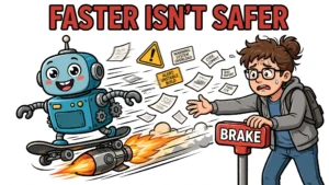 Cartoon robot speeding on a rocket skateboard past warning signs while a worried developer reaches for a brake lever, headline Faster isn't safer