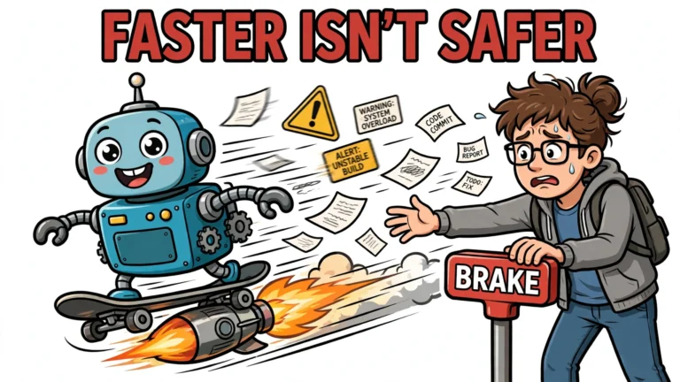 Cartoon robot speeding on a rocket skateboard past warning signs while a worried developer reaches for a brake lever, headline Faster isn't safer