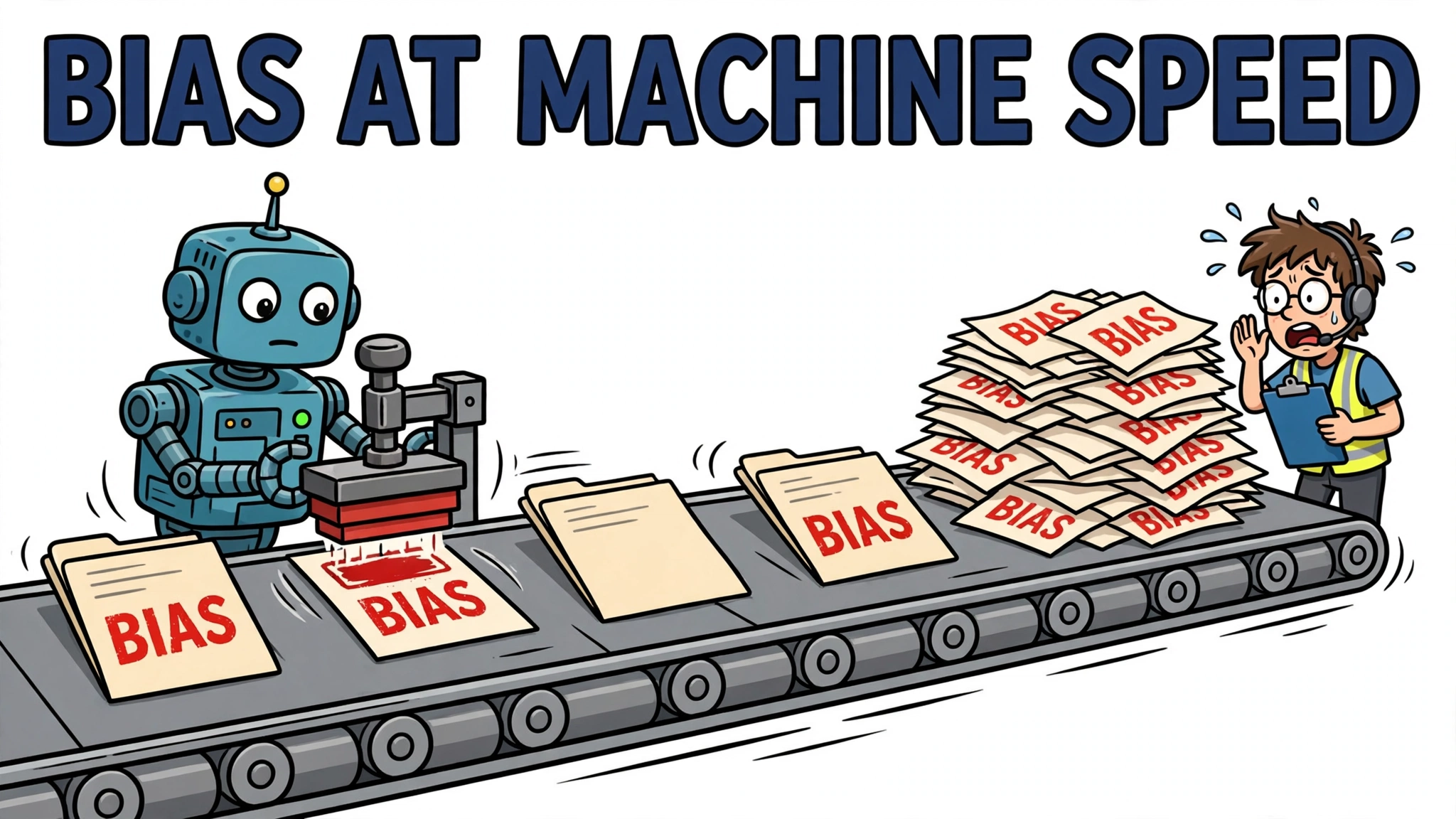 Cartoon robot stamping BIAS onto files on a fast conveyor belt while an alarmed inspector watches the pile grow