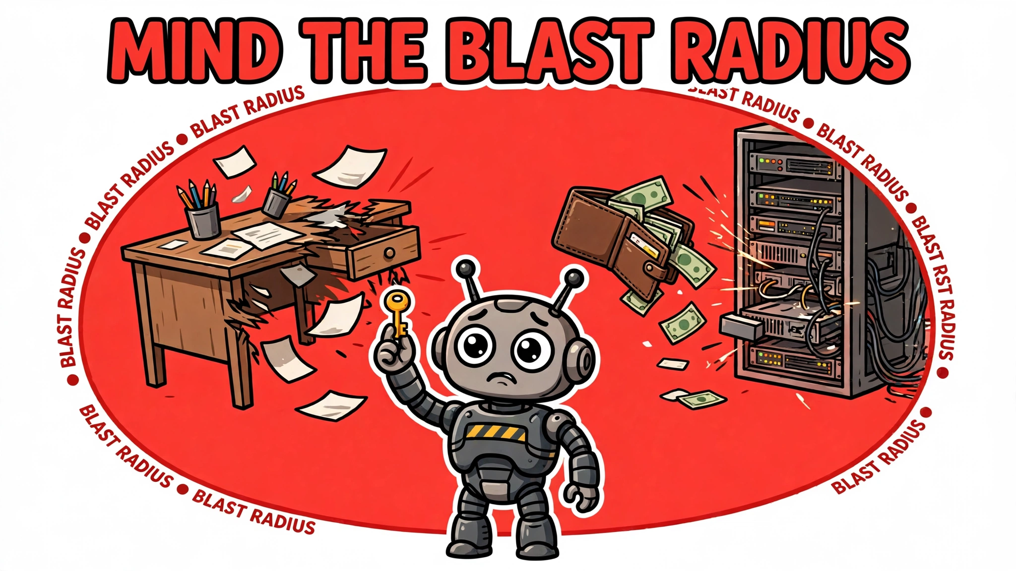 Small worried robot holding a tiny key inside a large red blast-radius circle swallowing a desk, wallet and server rack