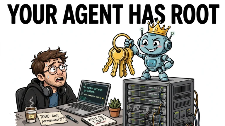 Cartoon robot wearing a crown and holding golden keys stands on a server rack while a worried developer looks at a laptop showing root permission enabled