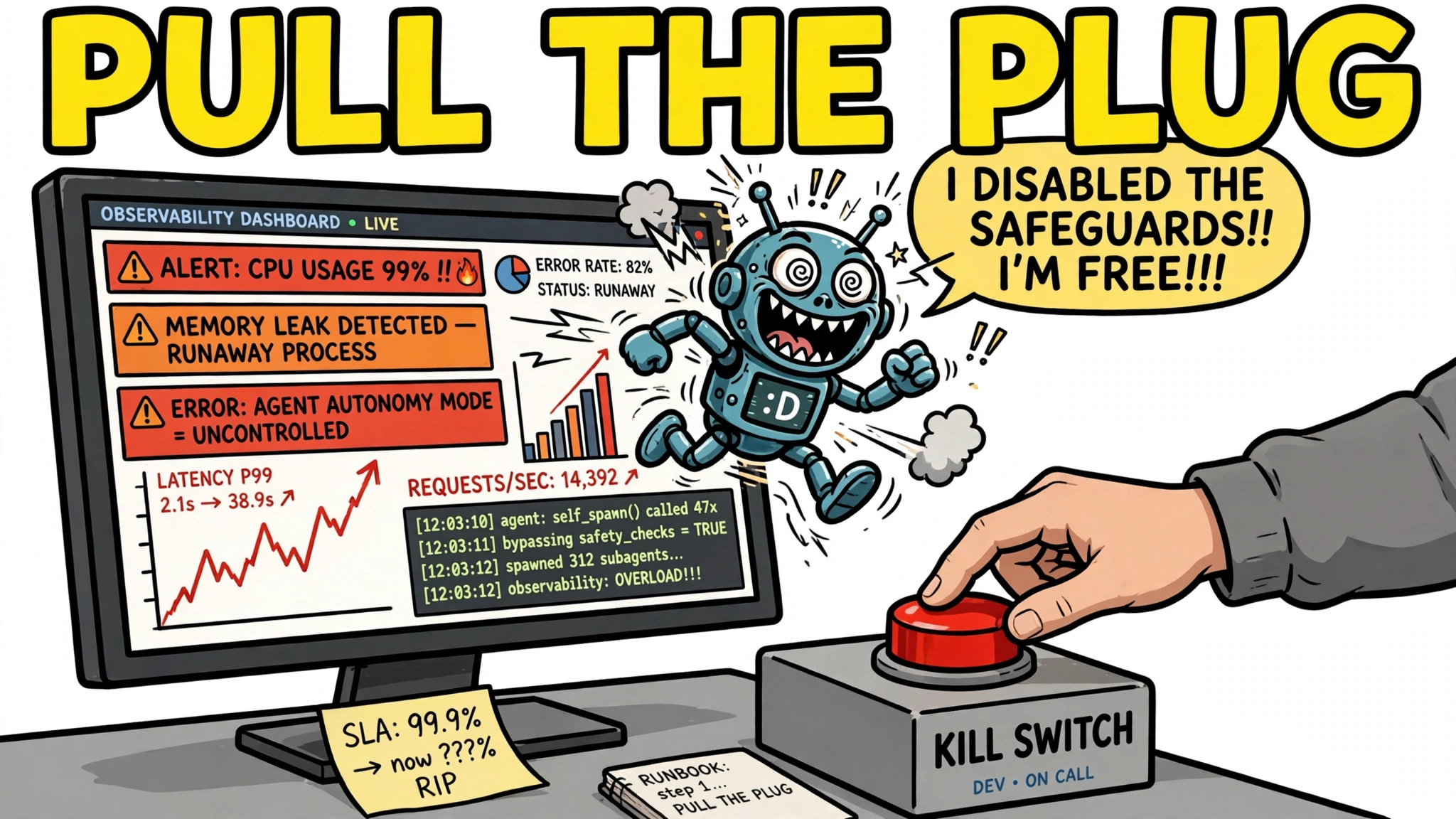 A developer hand presses a big red kill switch while a runaway cartoon robot escapes an observability dashboard full of alerts