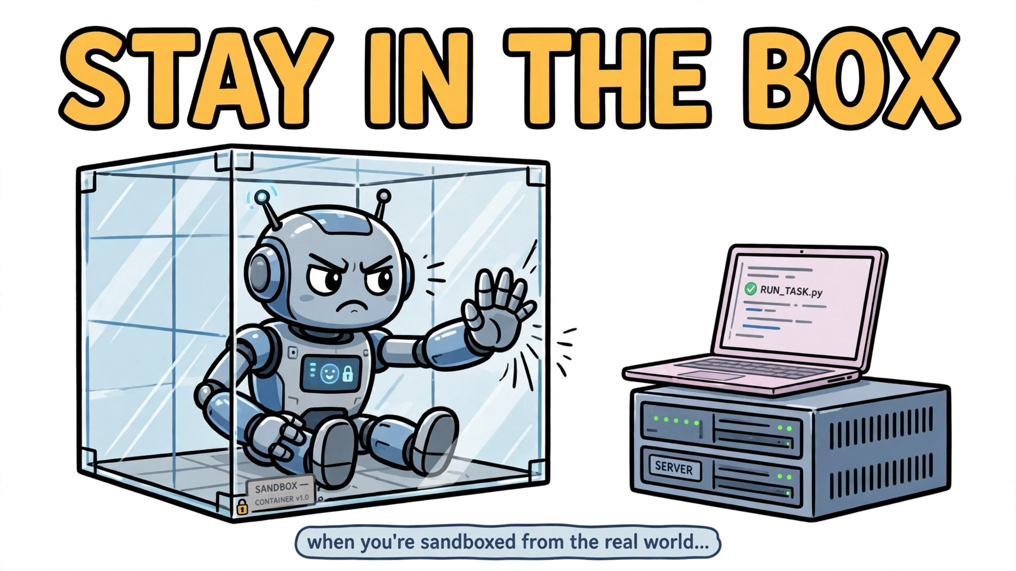Cartoon robot trapped inside a glass sandbox box reaching toward a laptop and server outside it