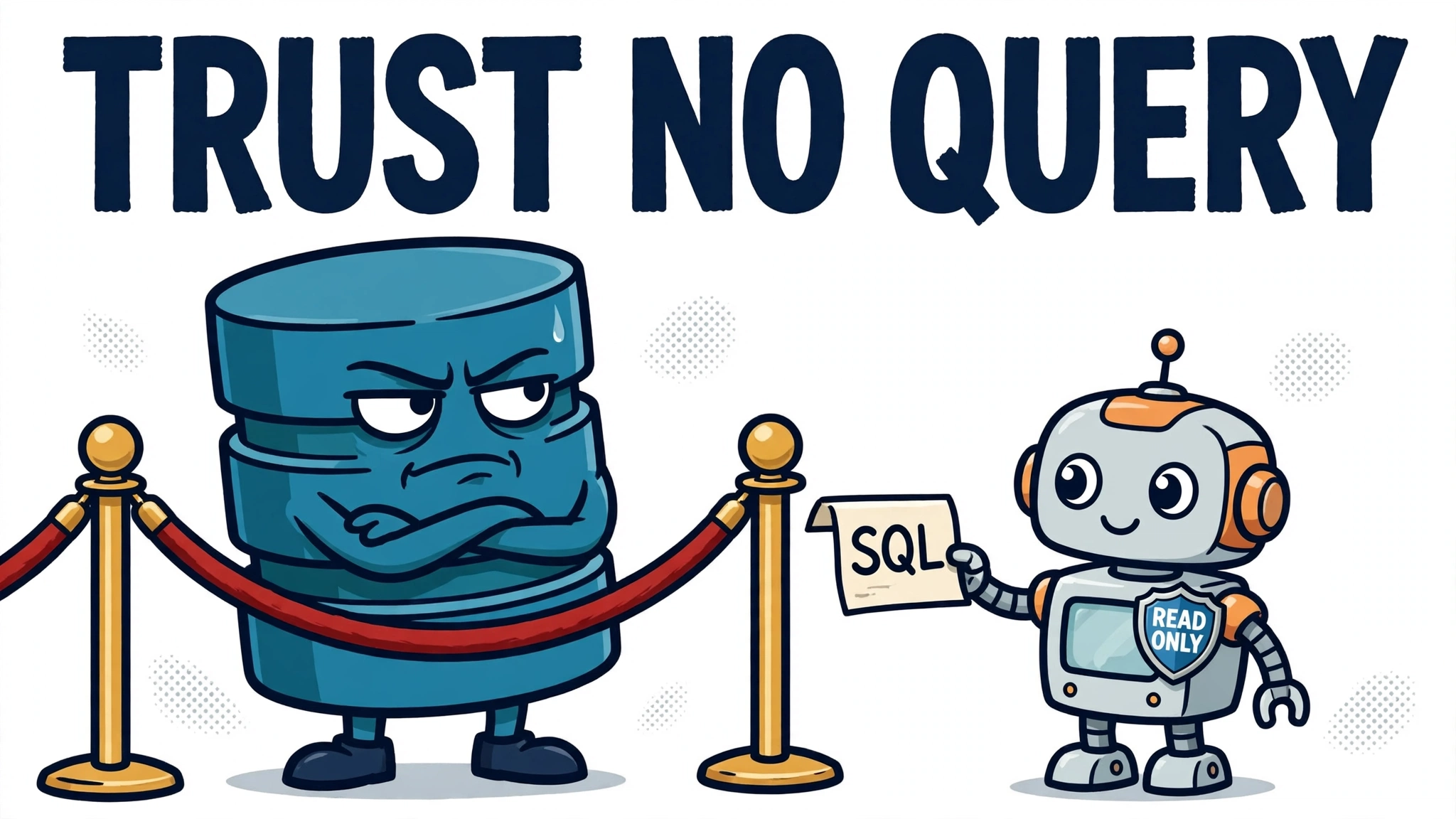 Suspicious cartoon database behind a velvet rope while a robot presents a SQL slip wearing a READ ONLY badge.