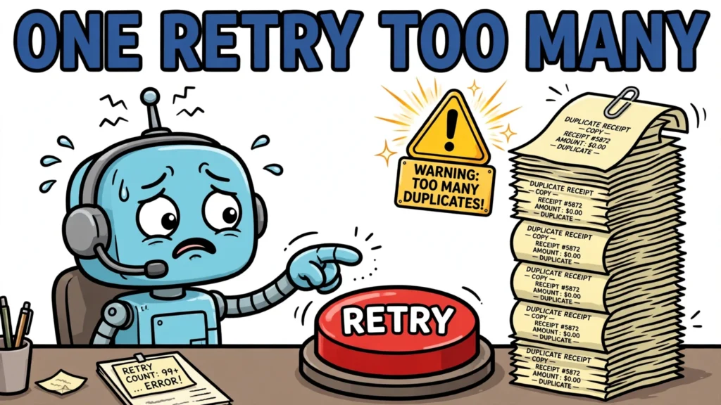 Cartoon robot agent hesitating over a big red RETRY button while duplicate receipts pile up beside it