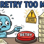 Cartoon robot agent hesitating over a big red RETRY button while duplicate receipts pile up beside it