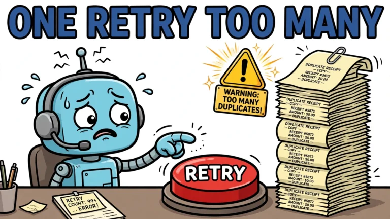 Cartoon robot agent hesitating over a big red RETRY button while duplicate receipts pile up beside it