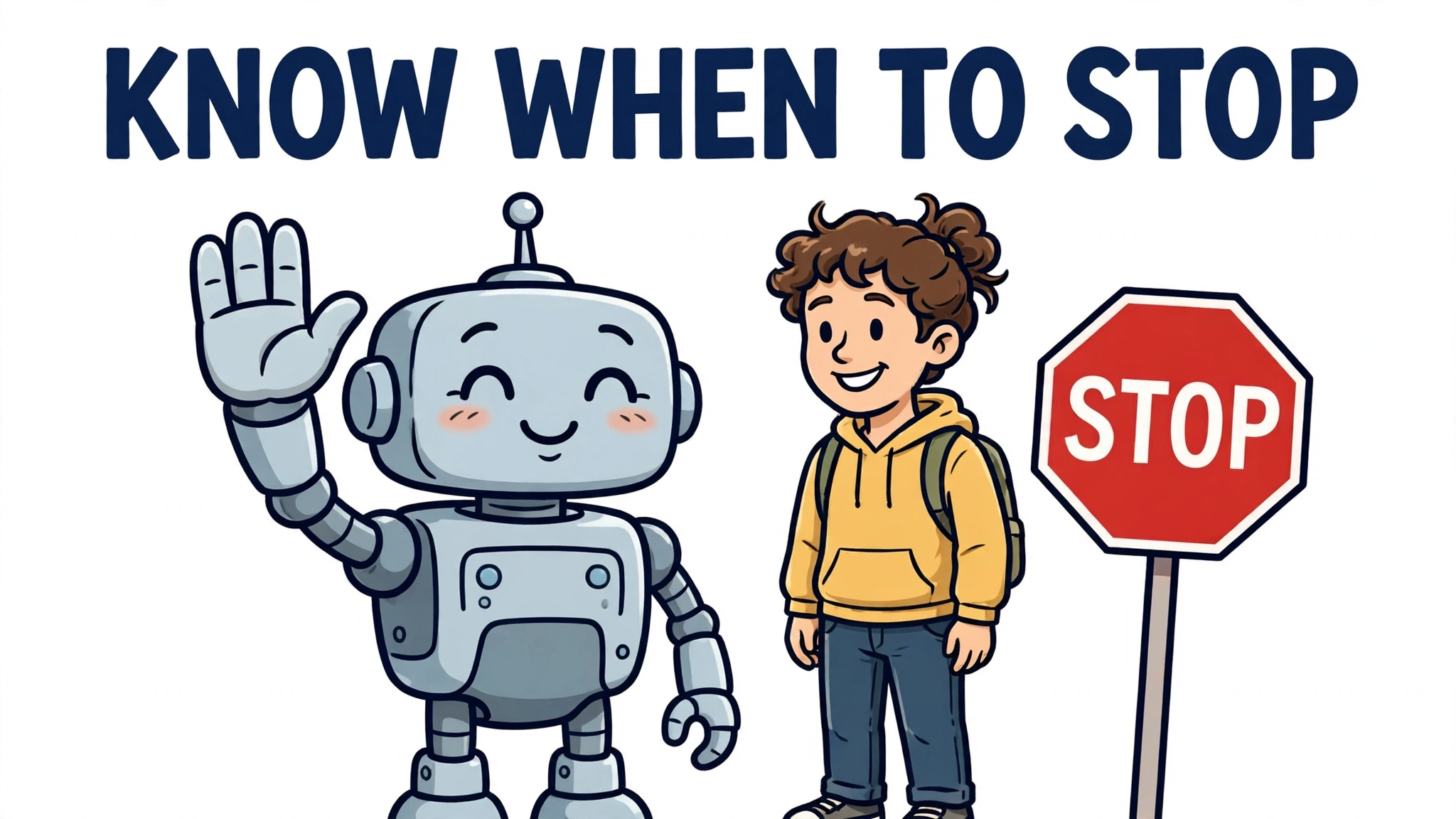 Cartoon robot agent raising a hand in a stop gesture beside a human and a red stop sign