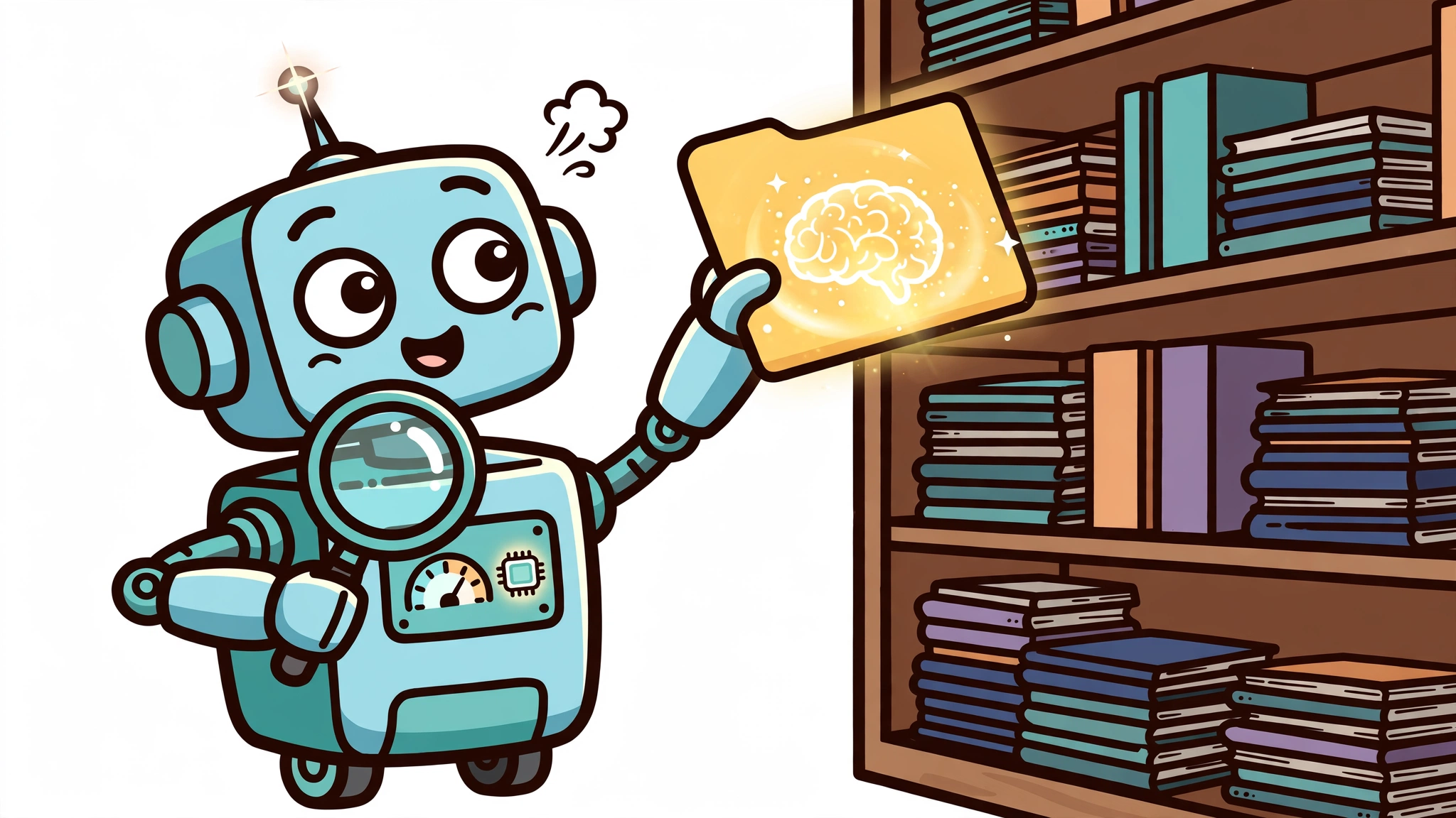 Cartoon robot agent with a magnifying glass pulling one glowing folder from a shelf of folders, retrieving a memory on demand
