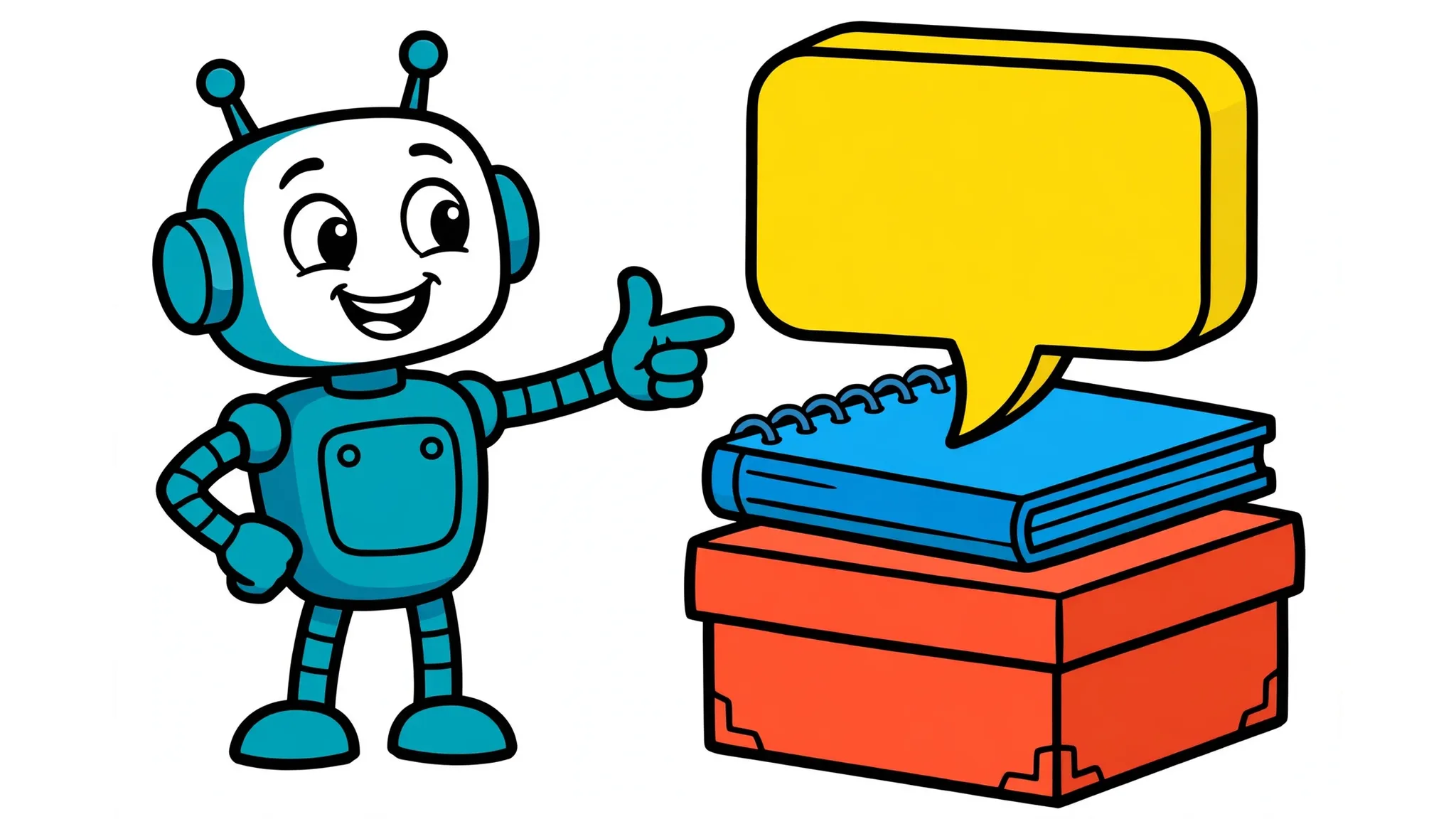 Cartoon robot agent pointing at a three-layer stack: a speech bubble over a notebook over an archive box, the three layers of agent memory