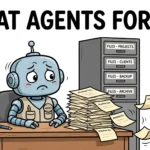 Cartoon robot agent at a desk watching paper memories fly away from an overflowing stack, under the headline What Agents Forget