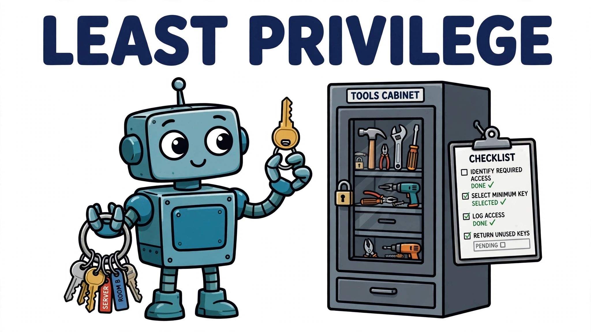 Cartoon robot holding a single key before a locked tools cabinet — least-privilege access