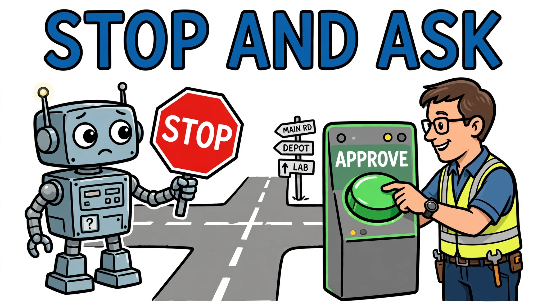 Cartoon robot holding a stop sign at a crossroads while a supervisor presses approve — stop and ask