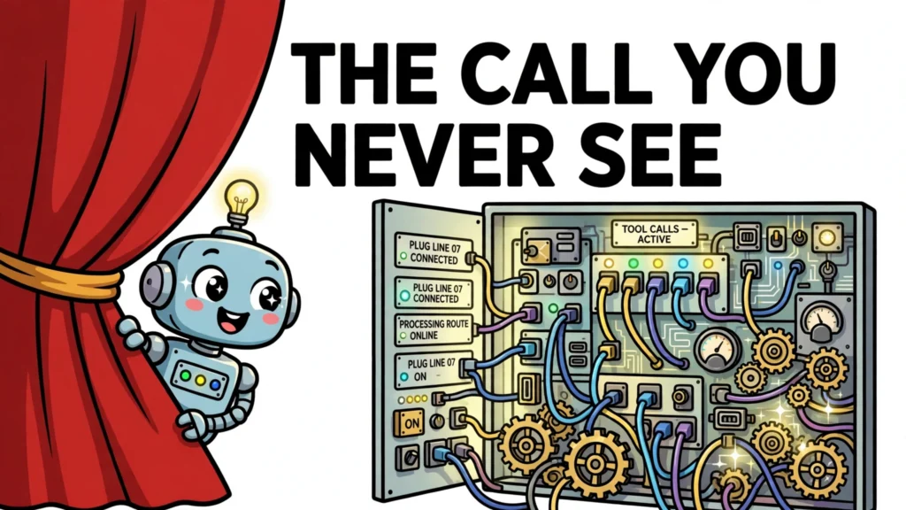 Cartoon robot agent peeking from behind a stage curtain, revealing the hidden switchboard of tools and APIs it calls.
