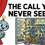 Cartoon robot agent peeking from behind a stage curtain, revealing the hidden switchboard of tools and APIs it calls.