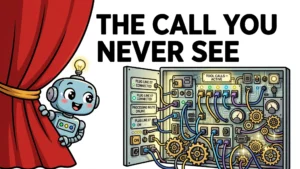 Cartoon robot agent peeking from behind a stage curtain, revealing the hidden switchboard of tools and APIs it calls.