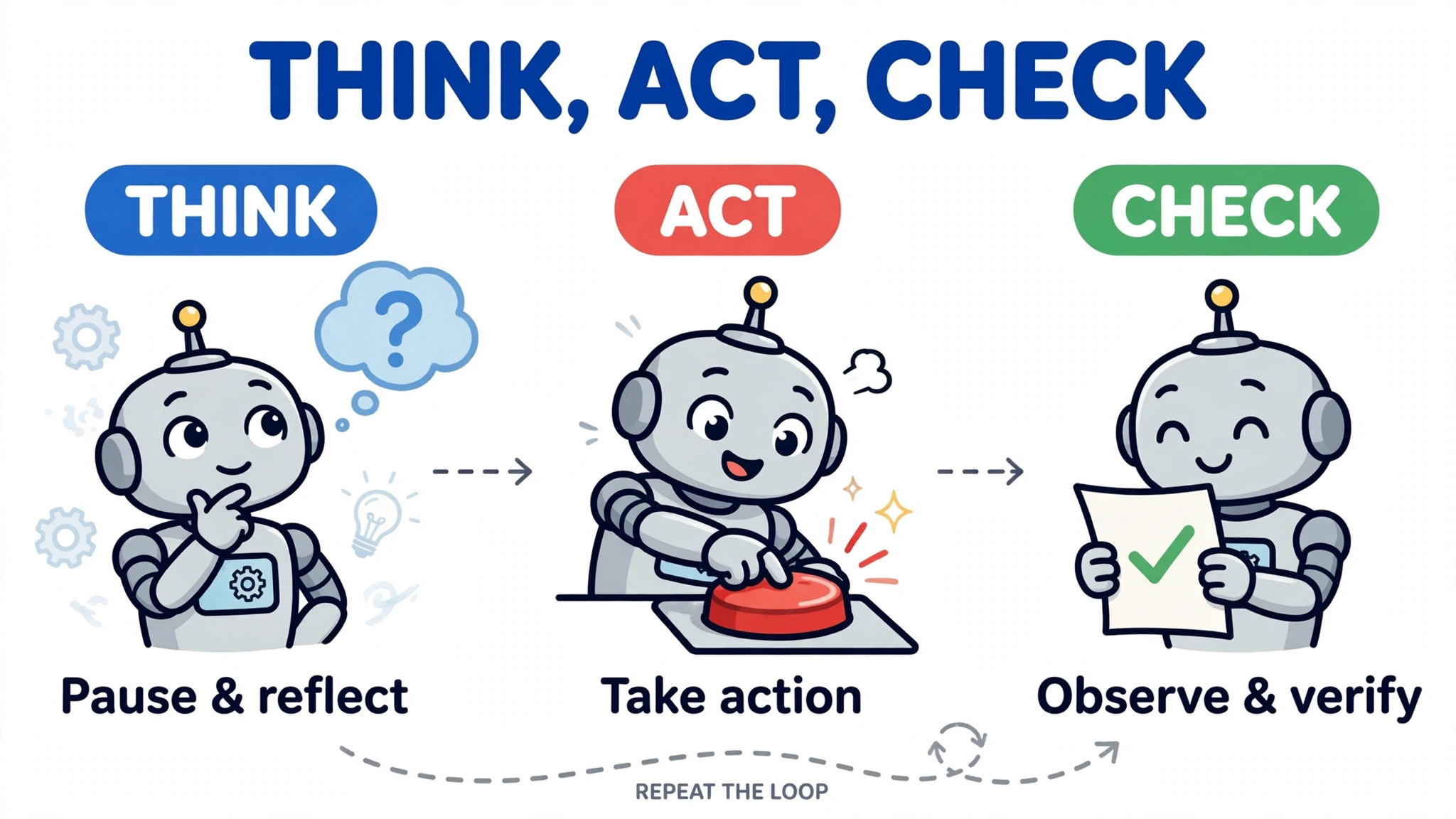 Cartoon robot thinking, then pressing a button, then reading a checked result — the think, act, observe loop.
