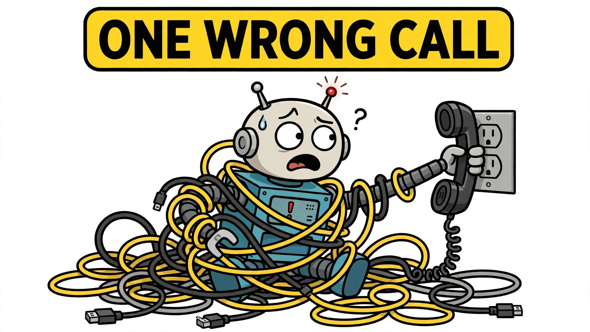 Cartoon robot tangled in cables after dialing the wrong tool, holding a telephone receiver to a wall socket.