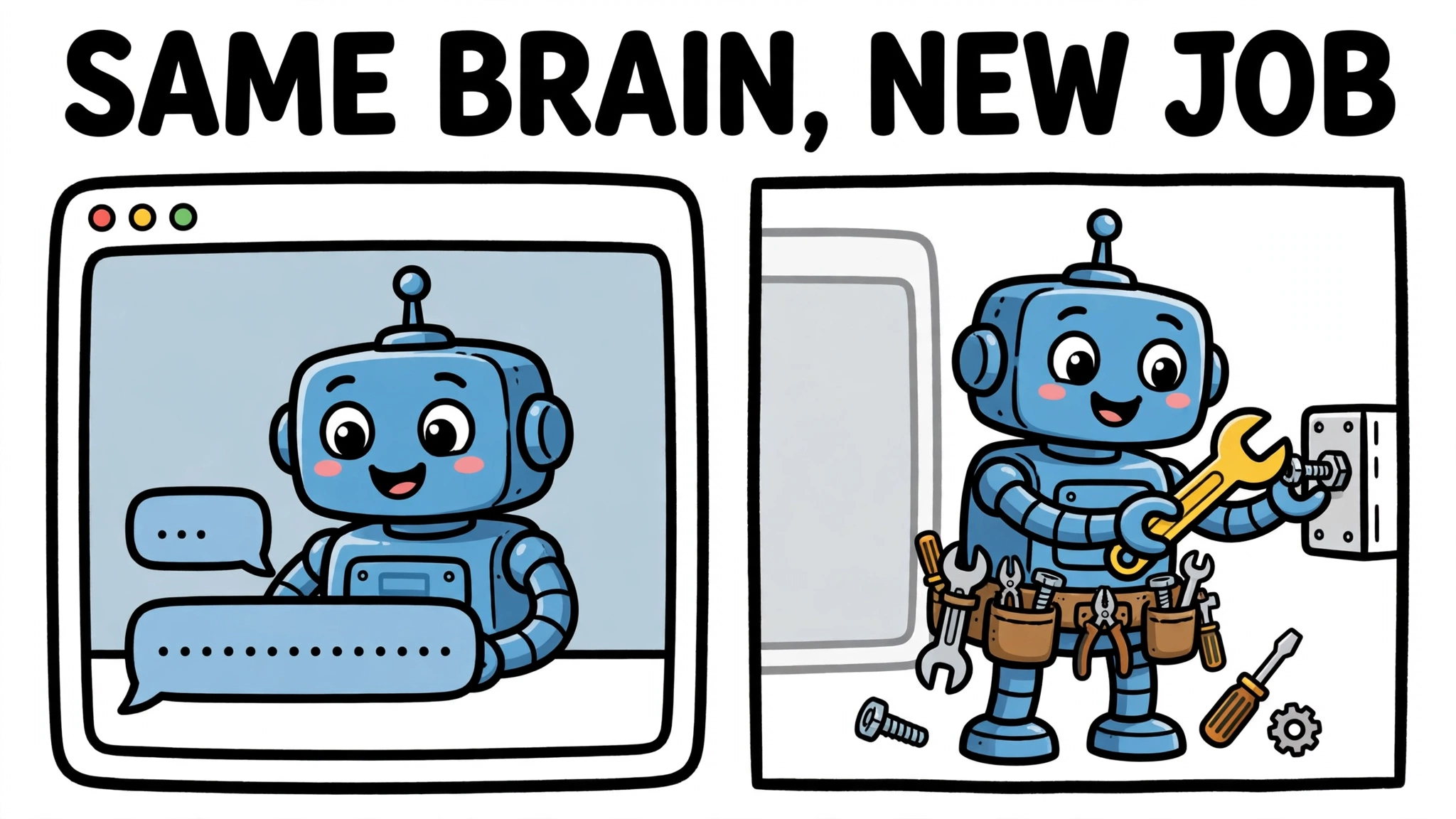 Same cartoon robot in two panels: answering in a chat window, and working with a tool belt outside it