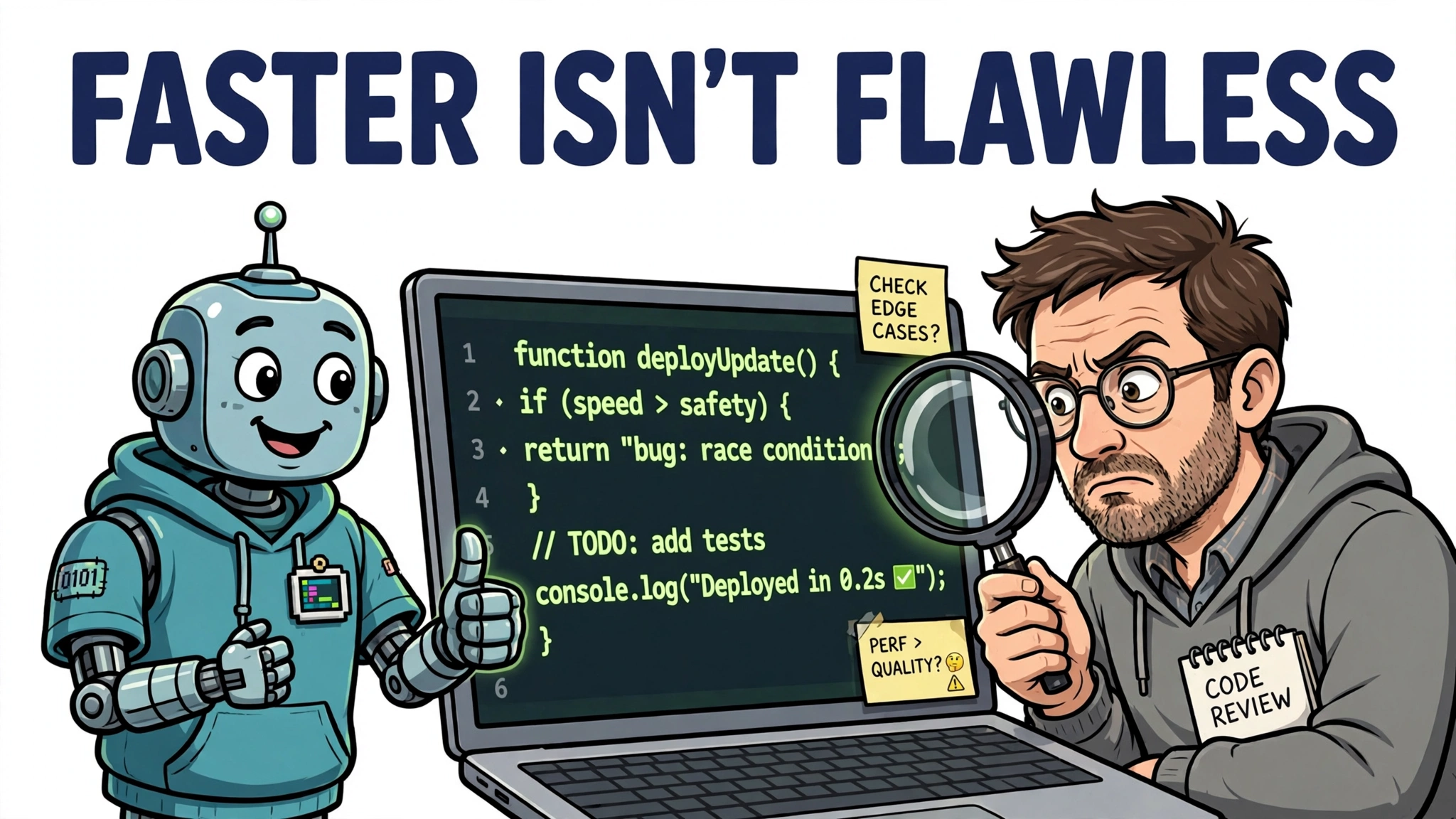 Cartoon robot programmer presenting code on screen while a human reviewer inspects it with a magnifying glass; headline FASTER ISN'T FLAWLESS