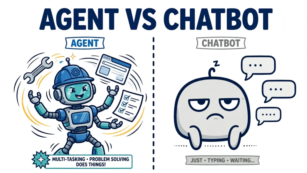Cartoon split-scene comparing an autonomous AI agent juggling tools with a bored chatbot that only types; headline AGENT VS CHATBOT
