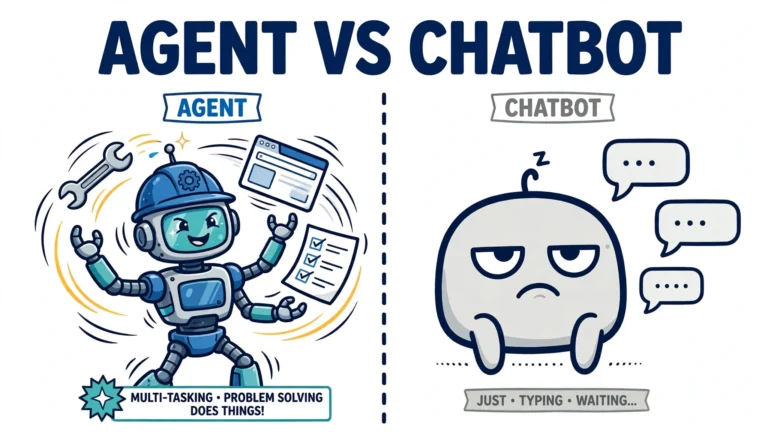 Cartoon split-scene comparing an autonomous AI agent juggling tools with a bored chatbot that only types; headline AGENT VS CHATBOT