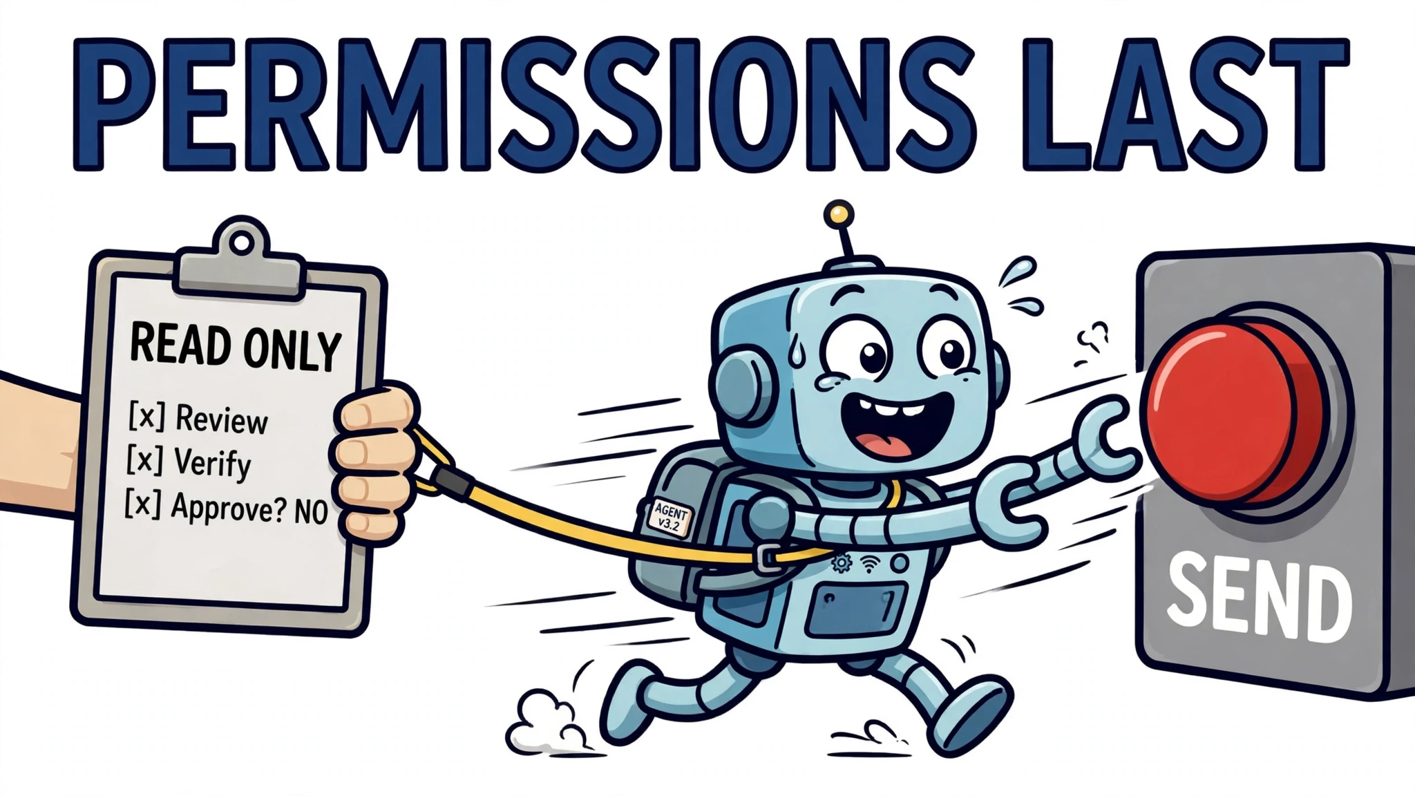 Cartoon robot agent on a leash lunging toward a big red SEND button while a human hand holds a READ ONLY clipboard; headline PERMISSIONS LAST