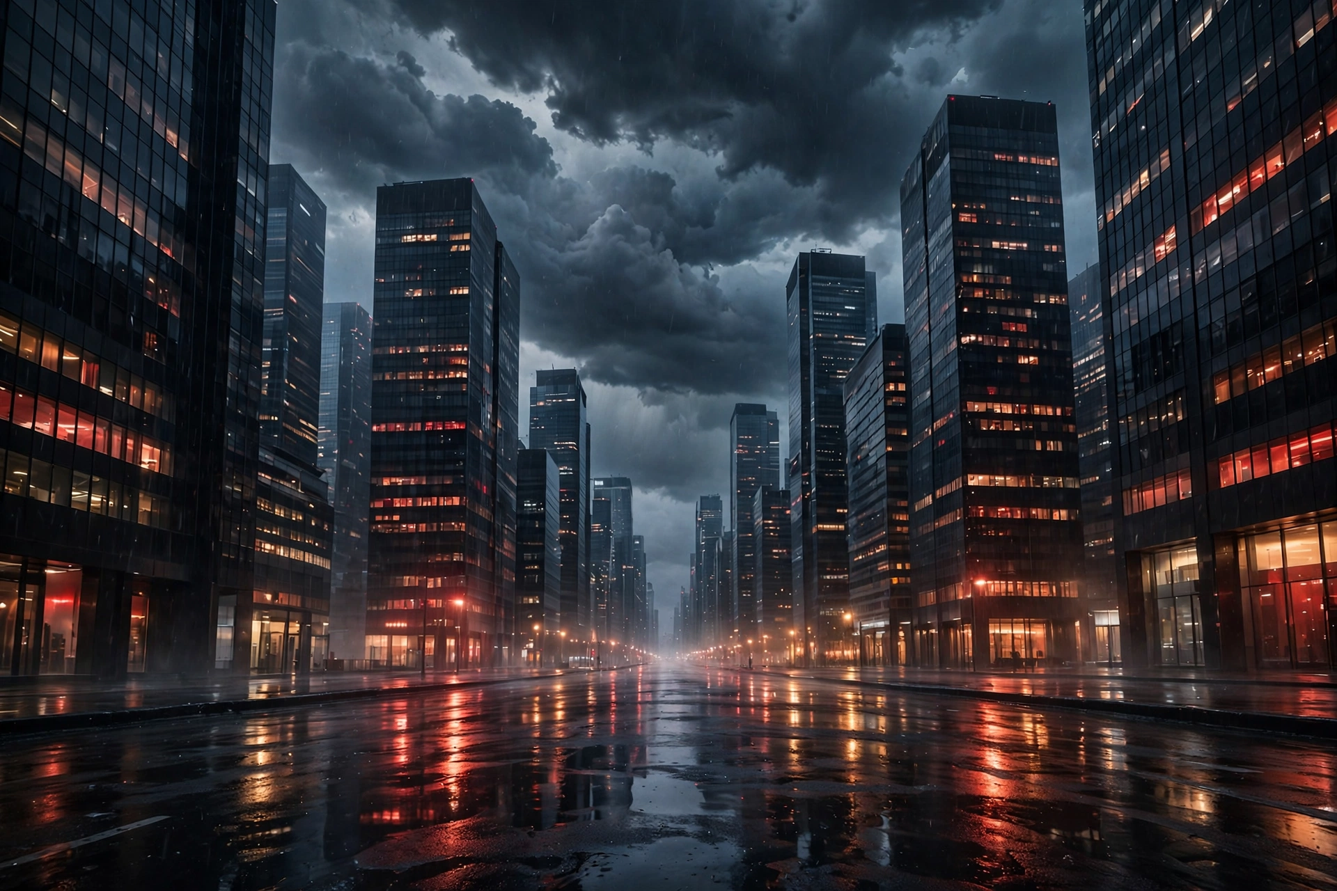 Dark glass skyscrapers under storm clouds at dusk, red and amber reflections on wet streets