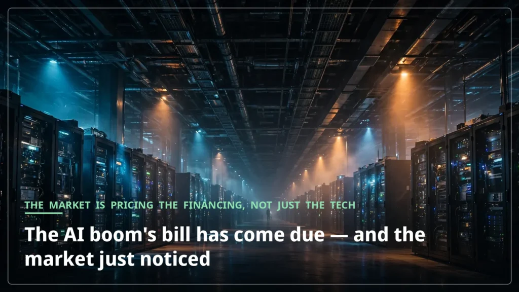 A vast dark data centre hall at night, rows of server racks under dramatic amber and blue light
