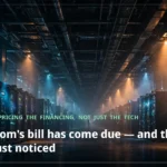 A vast dark data centre hall at night, rows of server racks under dramatic amber and blue light