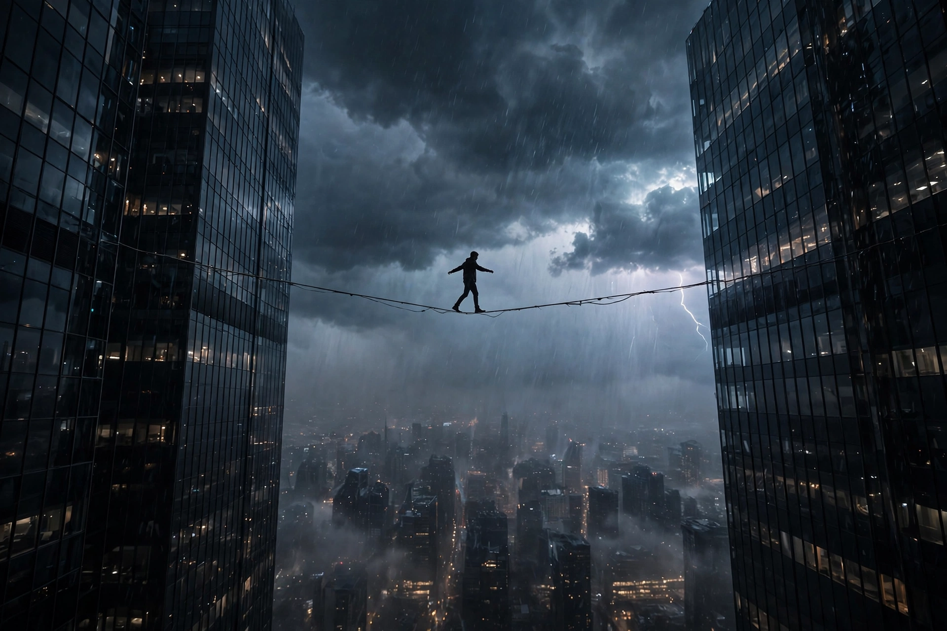 A lone silhouetted figure walking a high wire between two dark skyscrapers in a storm