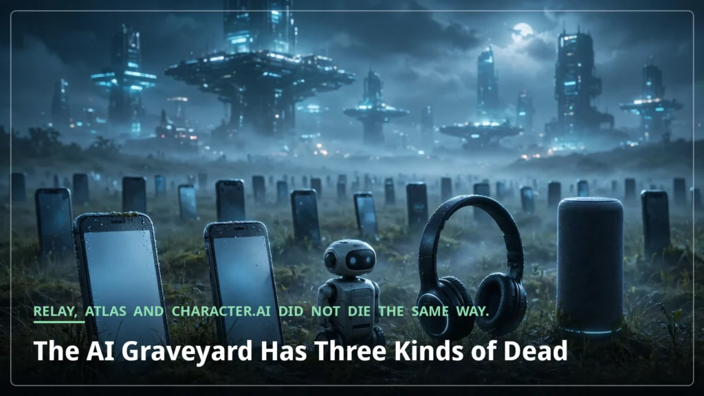 Decommissioned phones, a small robot, headphones and a smart speaker standing like grave markers in a foggy field beneath glowing platform towers
