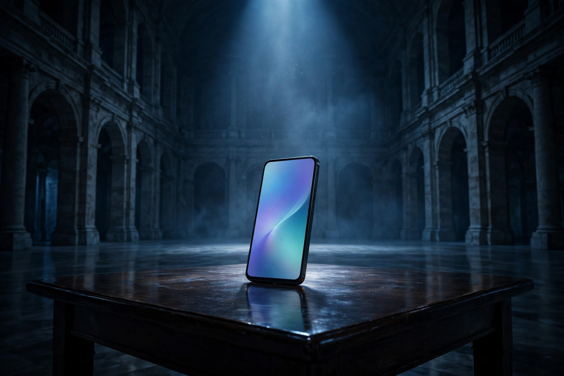 A lone smartphone glowing in a vast dark hall
