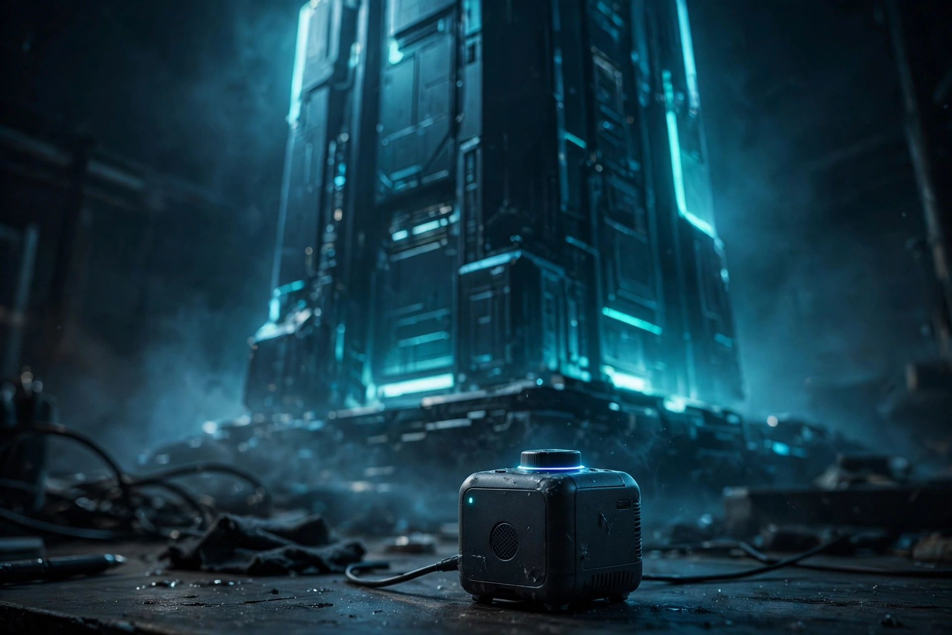 A small standalone AI gadget dwarfed by a massive glowing platform tower