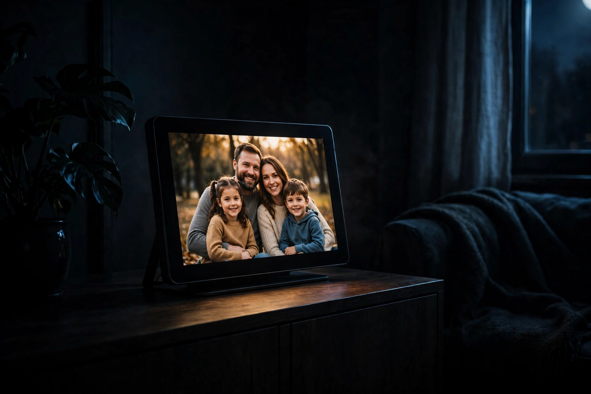A smart display glowing in a dark living room, showing only a family photograph