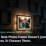 A single digital photo frame glowing warmly with a family photograph on a dark wall of empty frames