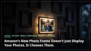 A single digital photo frame glowing warmly with a family photograph on a dark wall of empty frames