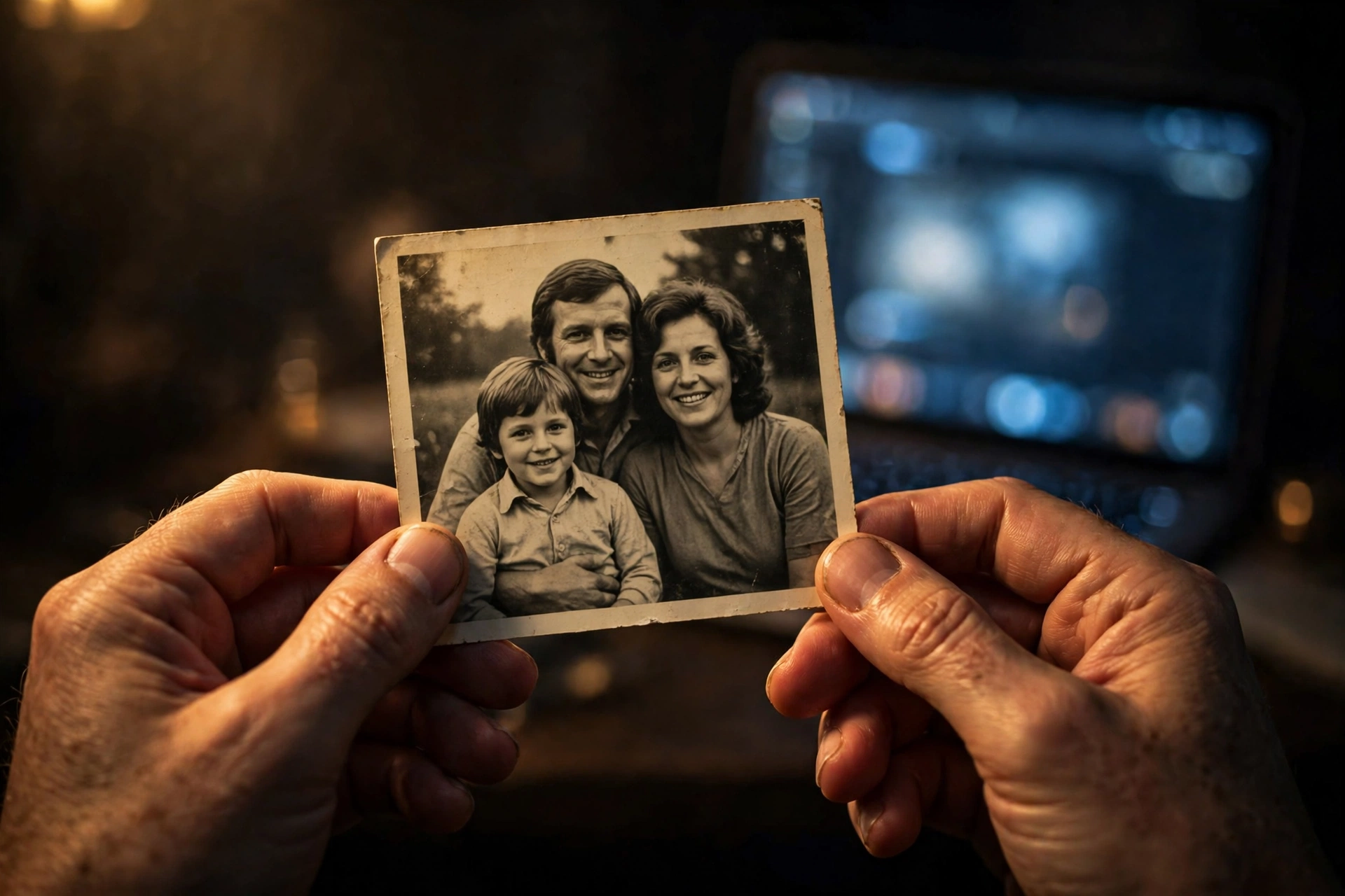 Hands holding a printed family photograph, a glowing screen out of focus behind