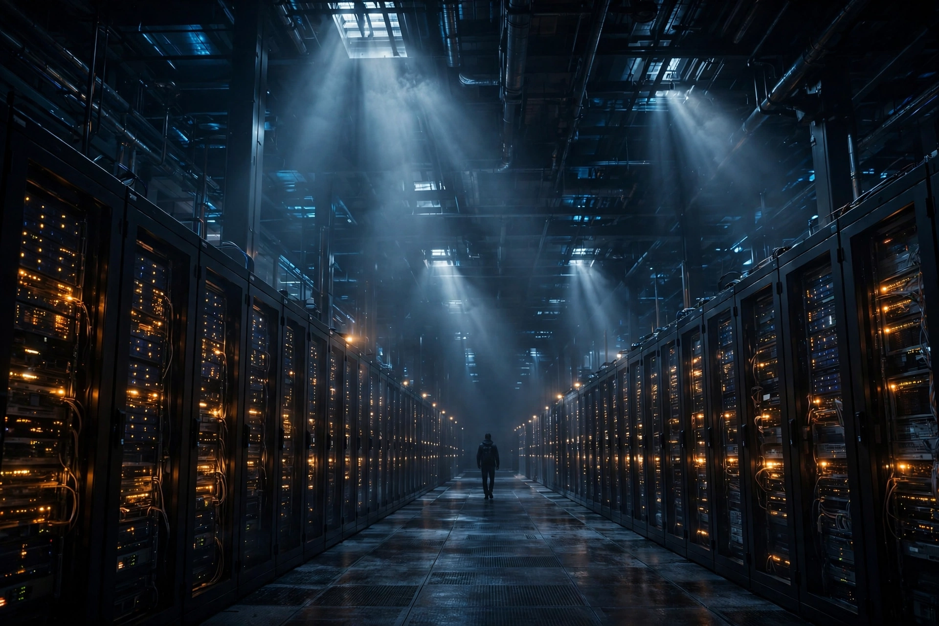 Rows of glowing server racks receding into darkness in a vast data center hall