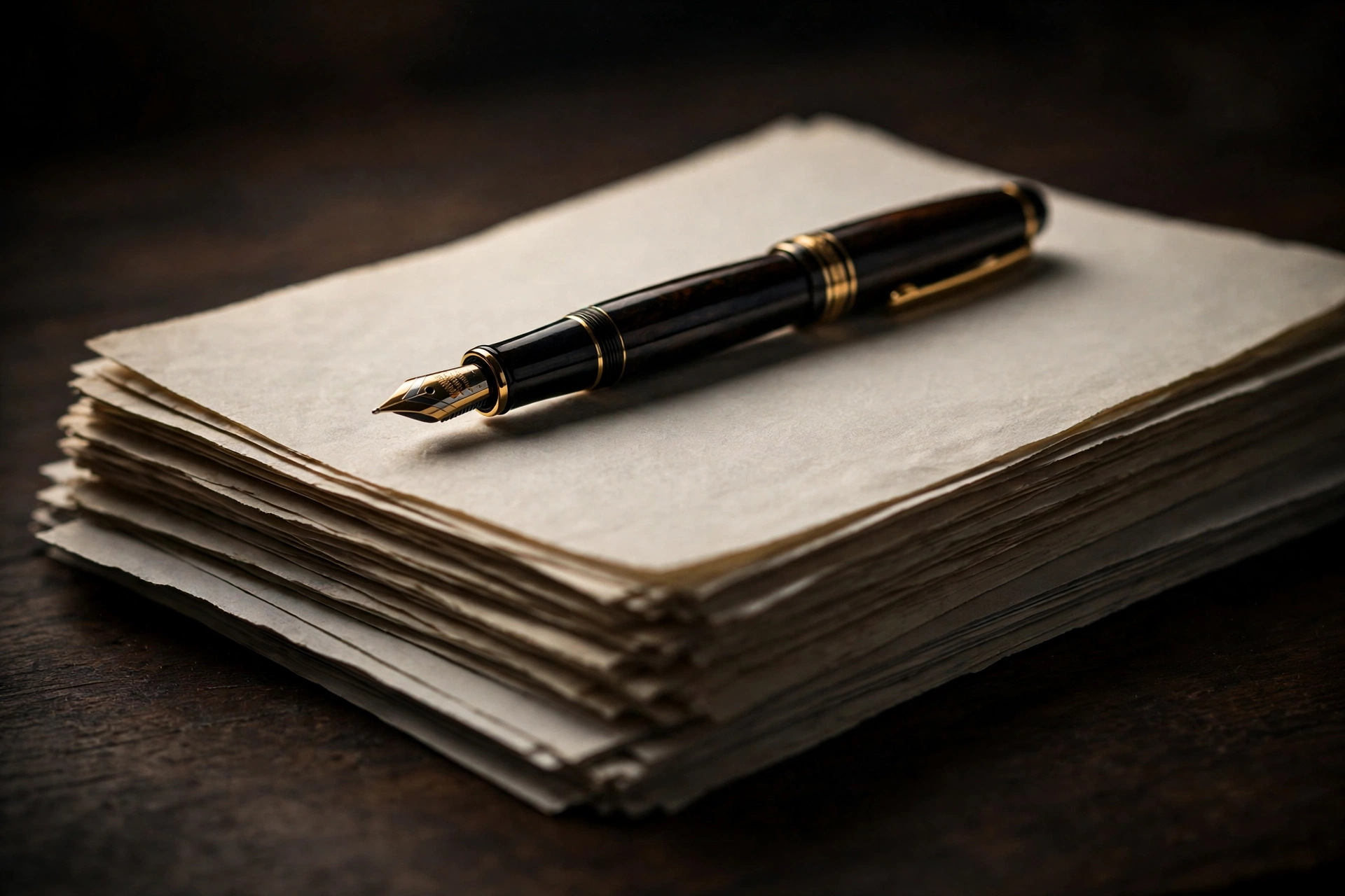 A fountain pen resting on a stack of financial loan documents in dramatic low light